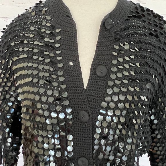 60's Black Sequin Cardigan/Sweater - Forecast Shops - Wool - Size Medium - Picture 5 of 11